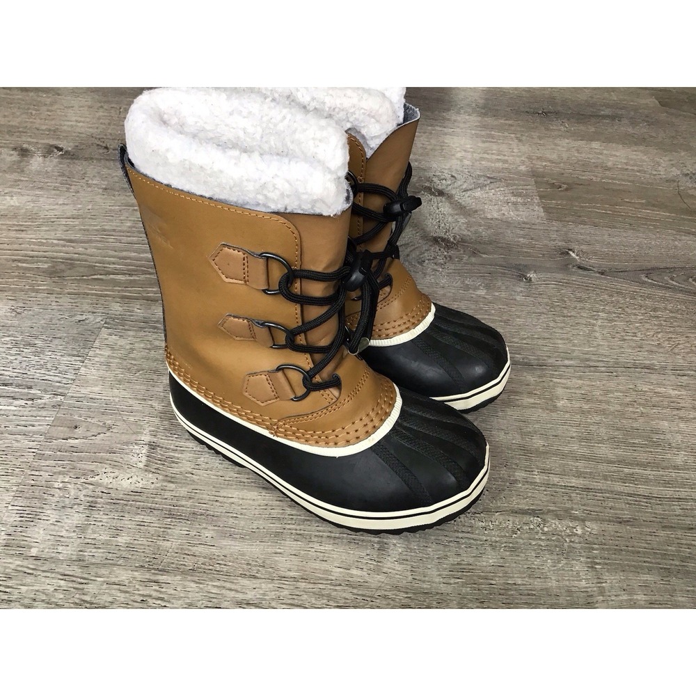 SOREL KIDS Size 1 Tan/Black Leather Lace-Up Snow Boots Rubber Sole NY5205-259